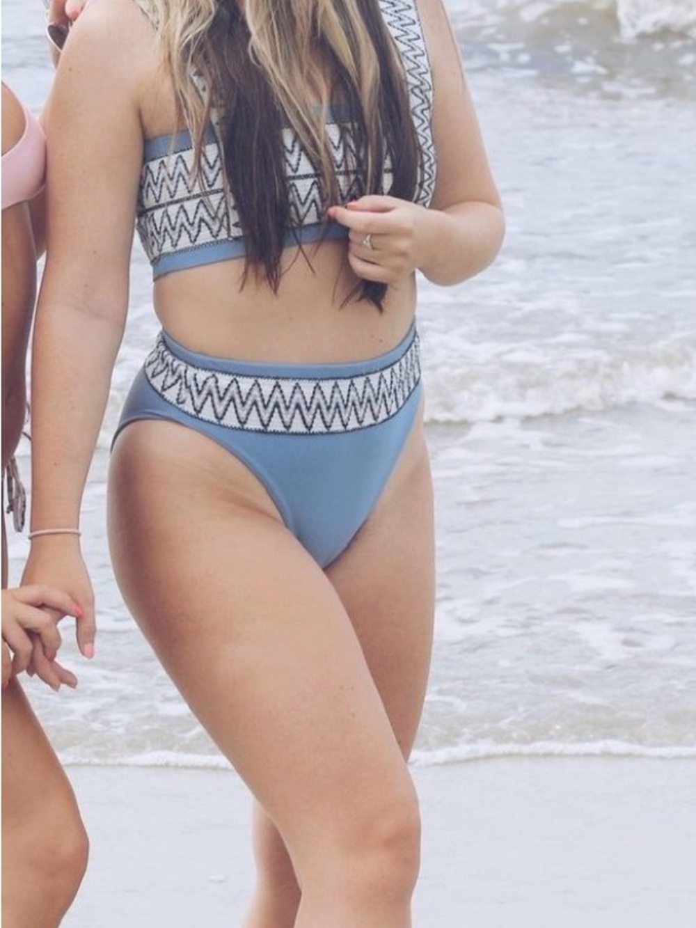 High-Waist Blue Bikini Set with Zigzag Trim